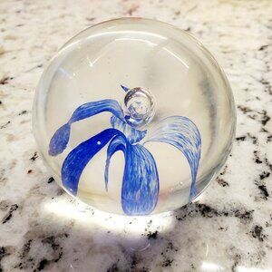 Glass paperweight moonflower blue Round Art Ball bubbles pearl pistil floral